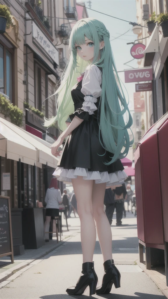 1 girl with long pink hair, blue green eyes, and pale skin. The girl is wearing a coquette fashion style and is standing in front of a cafe.