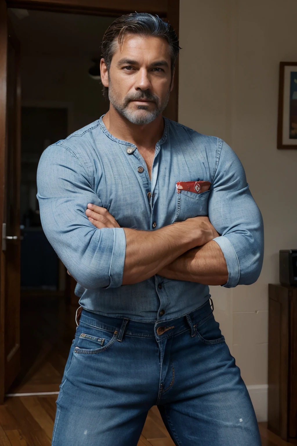 handsome mature man in his 50s,white man with a tanned complexion,(well-defined pecs and arm muscles),full body, facial hair styled into a neatly groomed beard,(intelligent and alluring eyes),a captivating, symmetric face with strong and defined facial features,a confident smirk on his lips,giving off an air of wisdom and rugged charm,beefy build that emanates strength and vitality. ((Full body)), (((blue jeans))) (((manly)))