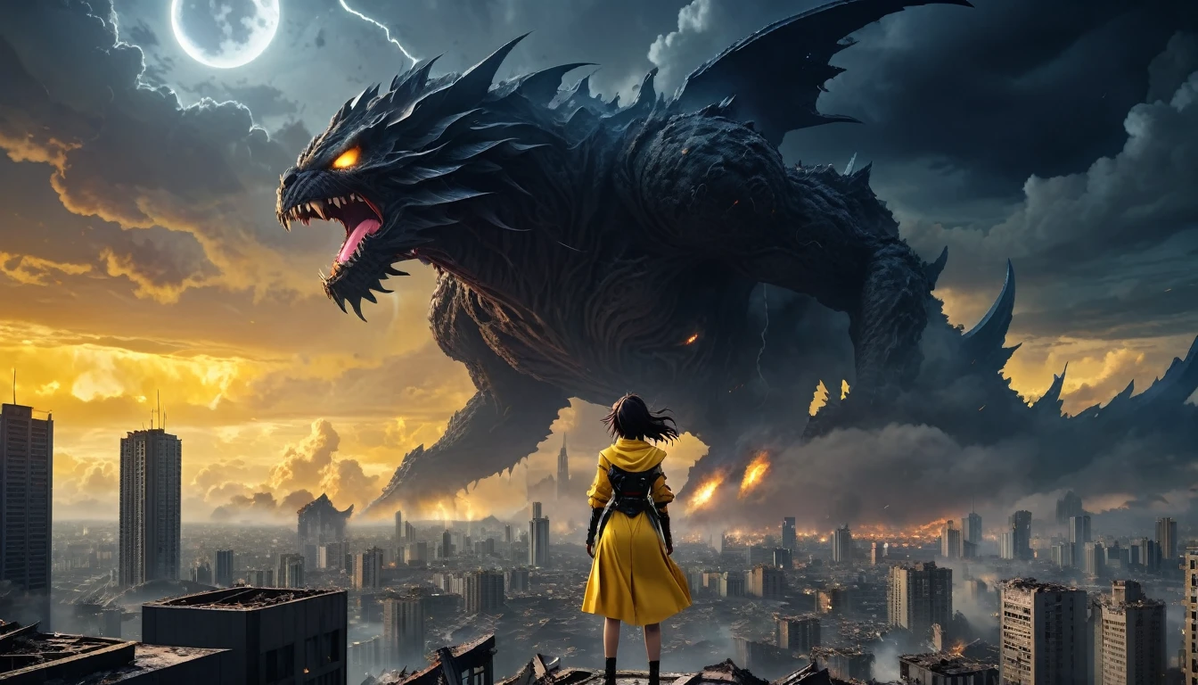 8K high-resolution images, Woman standing on top of a building,anime, A city destroyed by a space monster, Devouring people, Corpses Everywhere, Yellow sky and black clouds,Thunder Magic, In the background is a giant space monster devouring the moon.. 