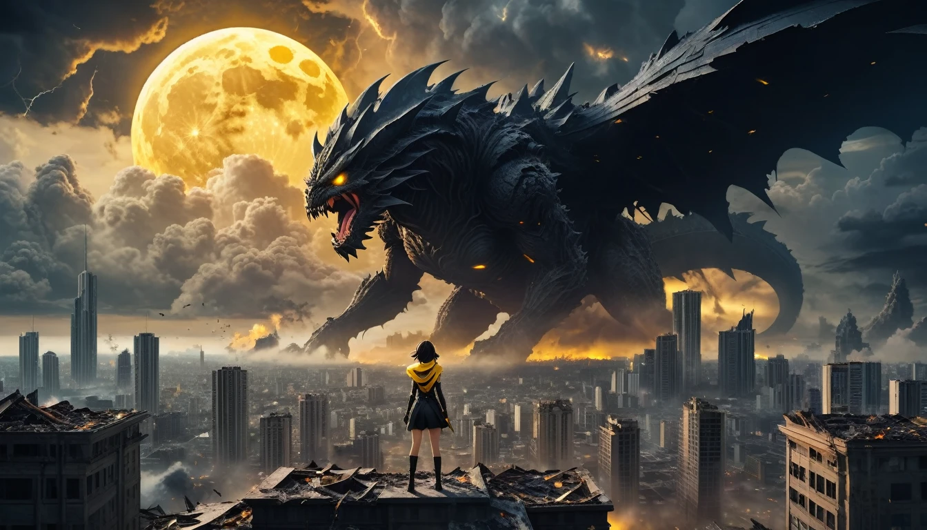 8K high-resolution images, Woman standing on top of a building,anime, A city destroyed by a space monster, Devouring people, Corpses Everywhere, Yellow sky and black clouds,Thunder Magic, In the background is a giant space monster devouring the moon..
