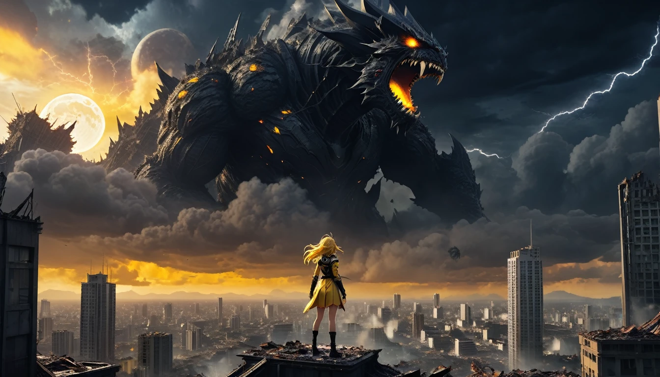 8K high-resolution images, Woman standing on top of a building,anime, A city destroyed by a space monster, Devouring people, Corpses Everywhere, Yellow sky and black clouds,Thunder Magic, In the background is a giant space monster devouring the moon..