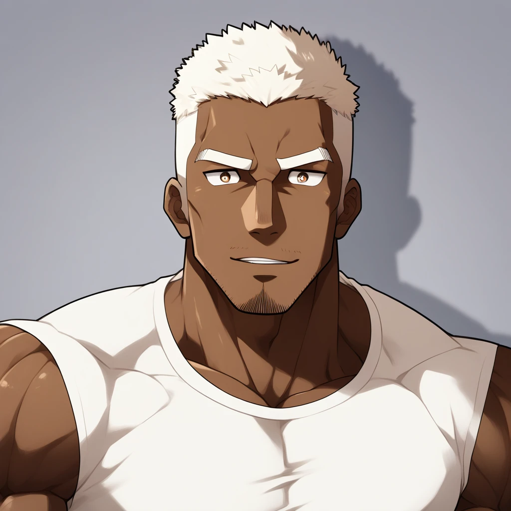 ,negroo,animracters:Gyee, Fitness coach, negro black skimuscular tough guy, Manliness, male focus, Cream White Sleeveless Tight T-Shirt, Very tight, The pectoral muscles are oversized, Slightly transparent, muscular male, muscular, only, Upper body, alone, White short hair, Thick eyebrows, stubble, Brown eyes, Grey background, simple background, amazing quality, best aesthetics, Ridiculous, bright pupils, crew cut, parted lips, seductive smile, torogao, naughty face, drop shadow, best quality