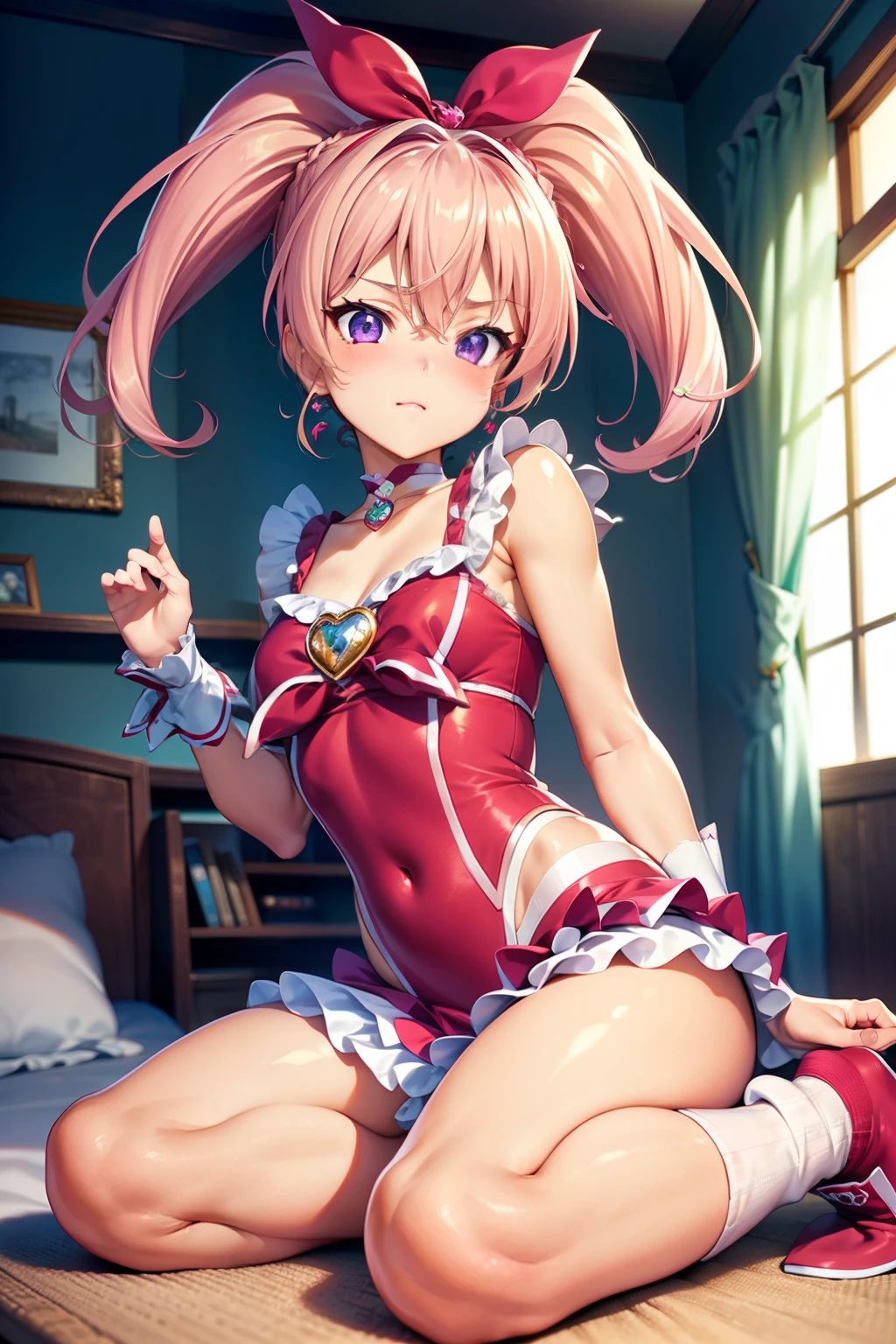 (Tabletop, Highest quality, Super detailed), One Girl, Purple eyes, Blonde Hair, Dark Skin, Short Hair、Perm Hair、((loose socks))、(Bedroom)、((Cure Melody))