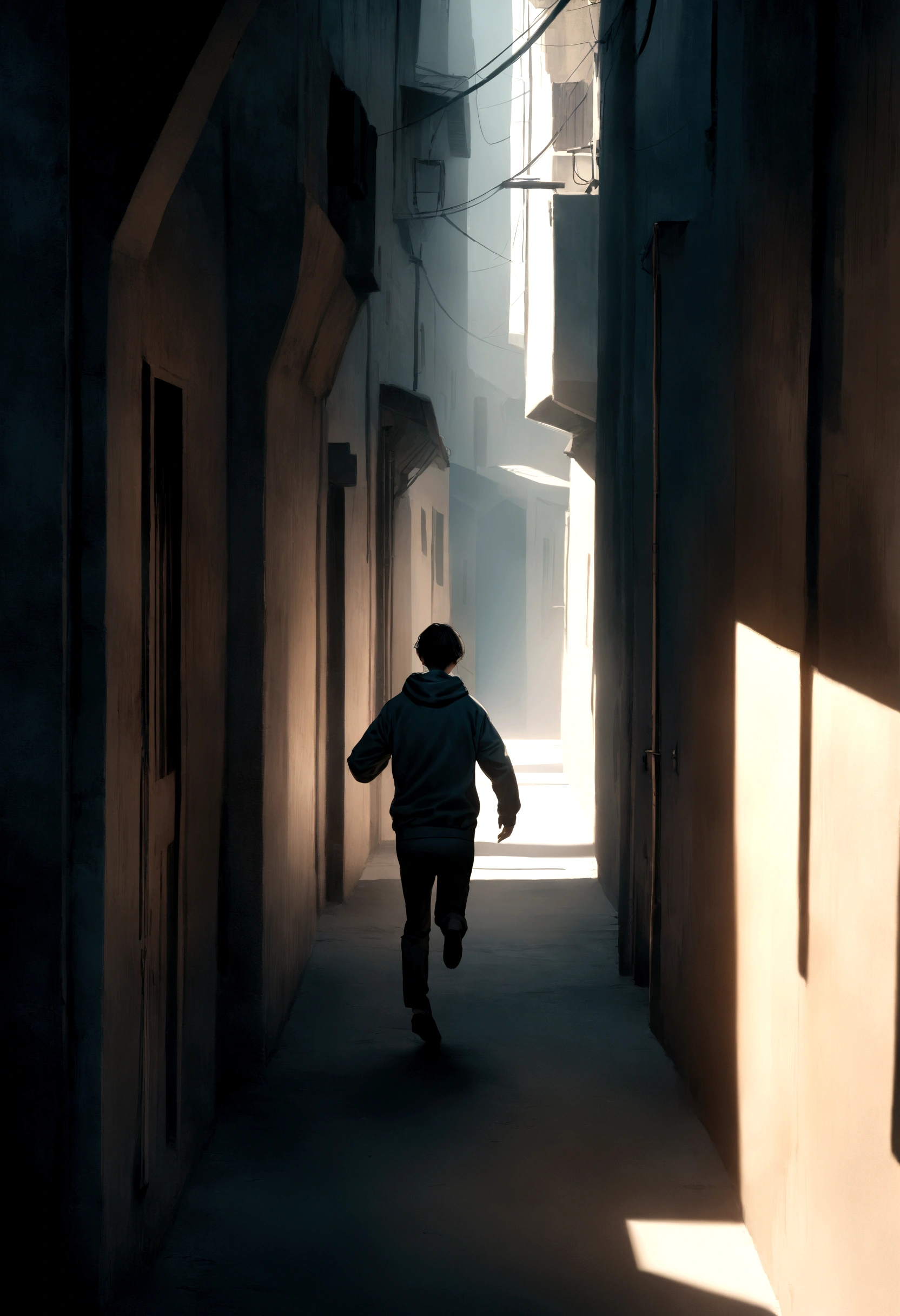 "A thin man with short black hair, wearing a hoodie, running backwards through a dark alley, minimalist character, 8k resolution, high definition, photorealistic, cinematic lighting, melancholic atmosphere, dramatic shadows, muted color palette."