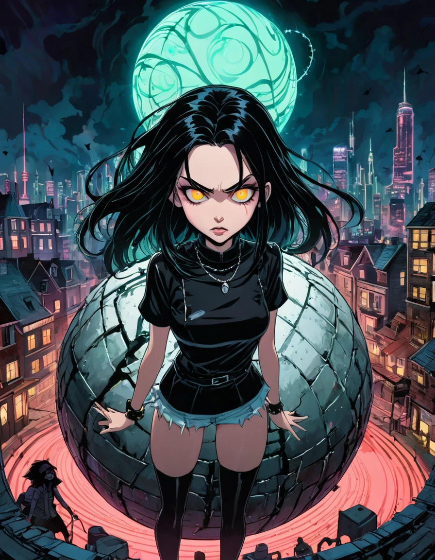 (((beautiful detailed)))1girl, Standing on a gigantic iron ball with spikes, peppermint-colored aura, The background is a destroyed city, holding a chain connected to the iron ball,displeased, sulky, grumpy(sharp lines:1.2)(clear line:1.2),(eye details:1.3)(thick border:1.4),line drawing, animation cel style((masterpiece, high quality, best quality))night, midnight,high angle full body shot,wide shot, long shot, ,Long straight black hair,90s style,insanevoid, glowing eyes, extra eyes, horror \(peppermint\) (art inspired by Bill Sienkiewicz). oil painting)