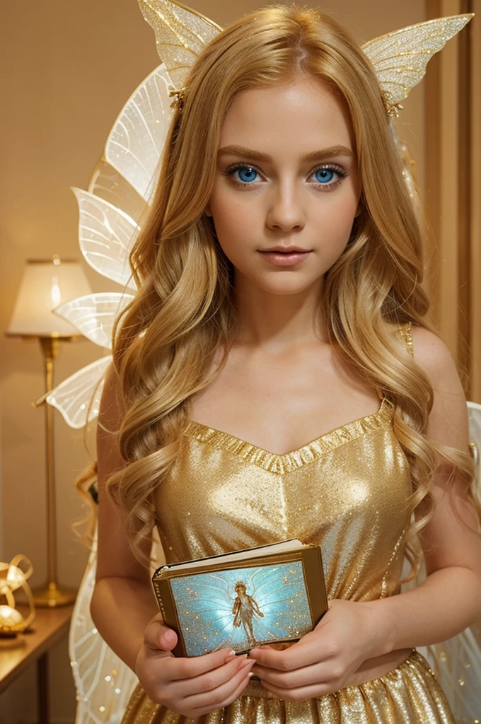 there is a  with golden hair with beautiful big blue eyes with white sparkles, she is in her room, holding a book with a golden cover in her hand, she is standing in the fantasy world and ((in front of her is a fairy who talks to her))
