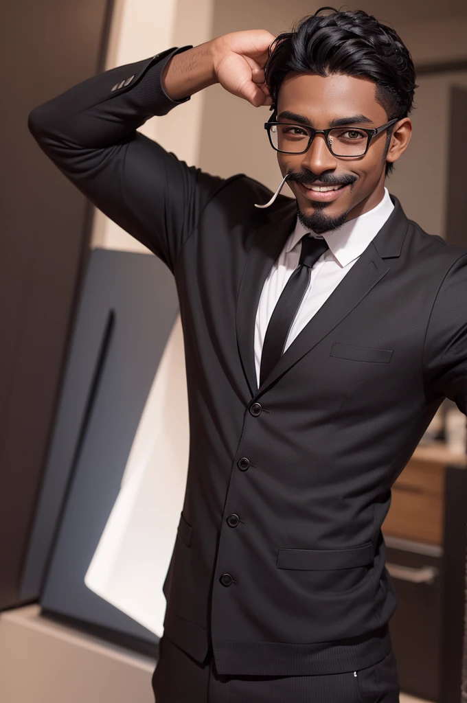 young dark-skinned man, short black hair. dark brown eyes and hair. glasses, goatee and mustache, smile and perfect teeth 3d hero outfit
