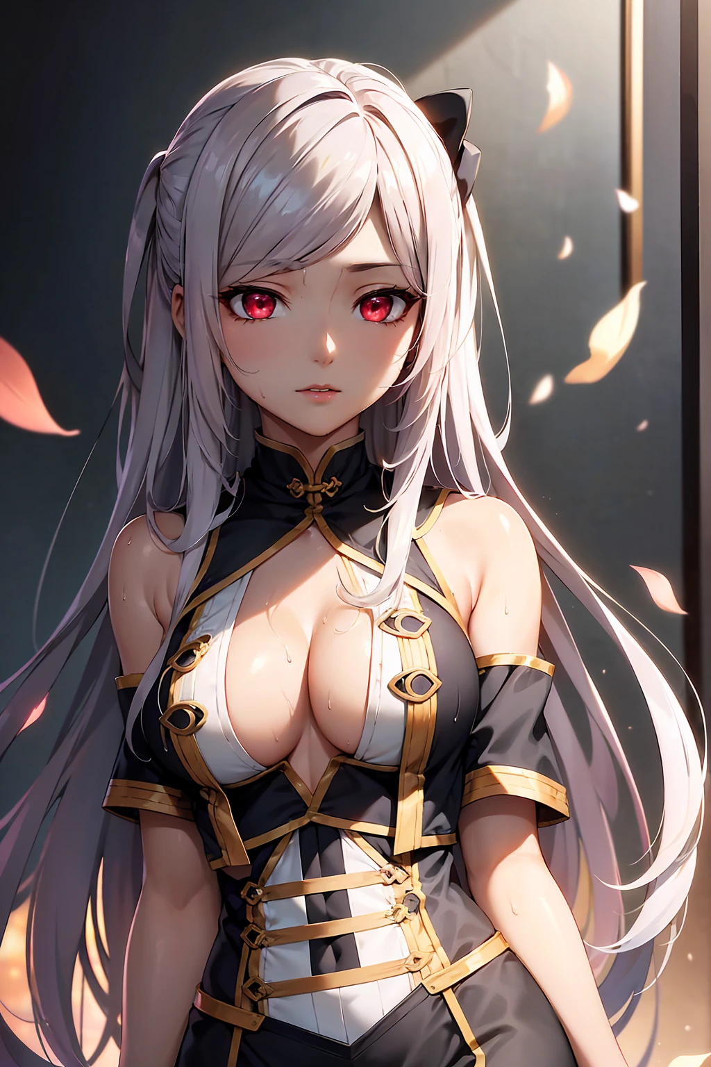 NSFW (Highest quality:1.5, High resolution, 超High resolution, 4K, Detailed lighting, Shaders)Gentle and attractive Chinese beauty, Half-body photo, Delicate and sexy collarbone, Attractive oval face, double eyelid, Bright pink eyes, Pink Lips, Small Nose, Bare shoulders, Concentrated face, Face close-up, 超High resolution, Super Detail, Elegant standing posture, Ultra-fine light-transmitting wet yarn,Gray Hair,Red eyes