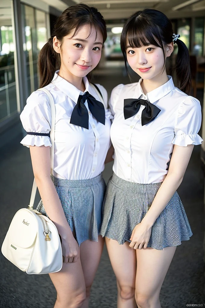 2 girls standing in Japanese city,short-sleeved white leotard with plaid frills,white collar and plaid bow tie,school bags,18-year-old,bangs,a little smile,large bare thighs,knees,legs apart,short hair with low pigtails,from before,front light