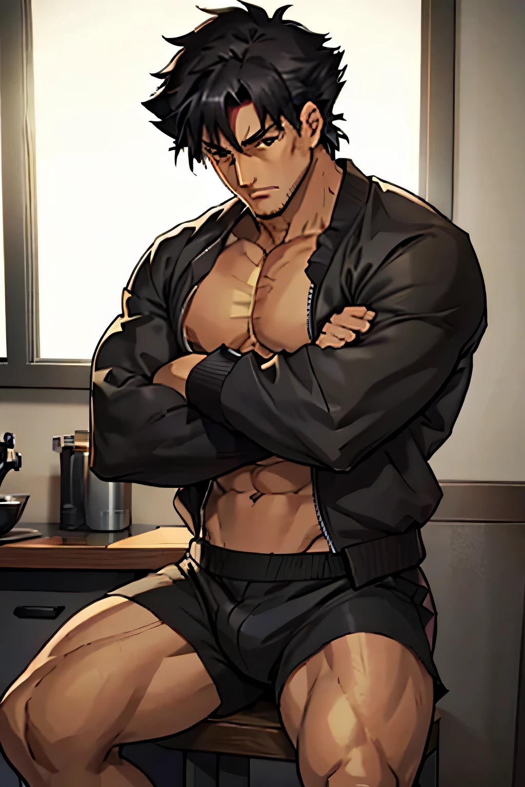 Kiritsugu is sitting and flexing his buff biceps and thighs. He wears black short boxershorts. You can see his thighs. He is shirtless. He is showing his abs too. He is admiring his arms.