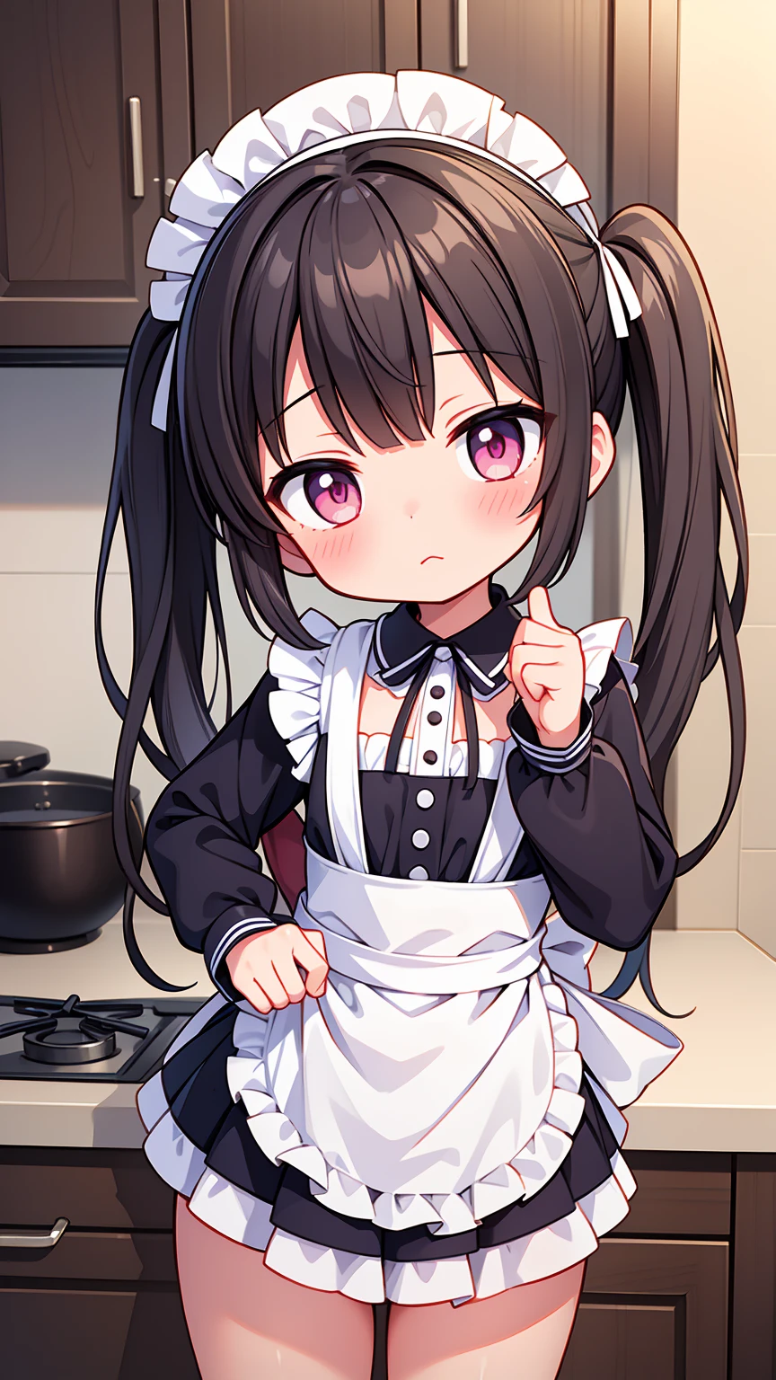 (8K, Highest image quality, highest quality, masterpiece), detailed face, ((loli girl)), (little loli curve) , black hair, short twintails, pink eyes, small breasts, naked apron, cowboy shot, put your hand on your mouth, kitchen background, ((very blushing)), ((detailed hands and fingers)), viewer perspective from below, (very blushing), (very much in love with the viewer)