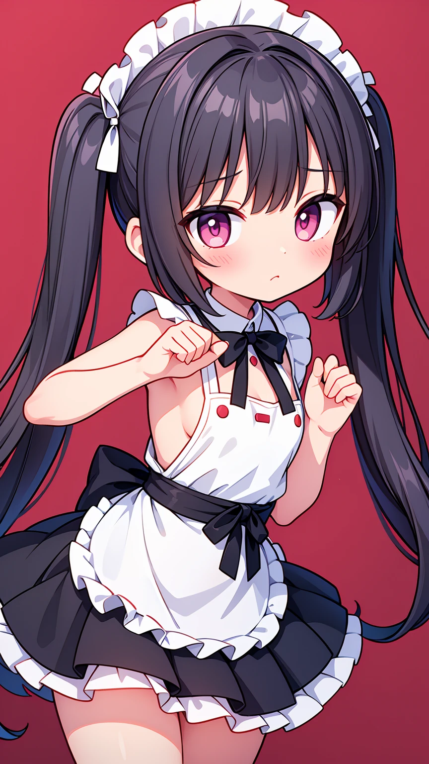 (8K, Highest image quality, highest quality, masterpiece), detailed face, ((loli girl)), (little loli curve) , black hair, short twintails, pink eyes, small breasts, ????? apron, cowboy shot, put your hand on your mouth, kitchen background, ((very blushing)), ((detailed hands and fingers)), viewer perspective from below, (very blushing), (very much in love with the viewer)