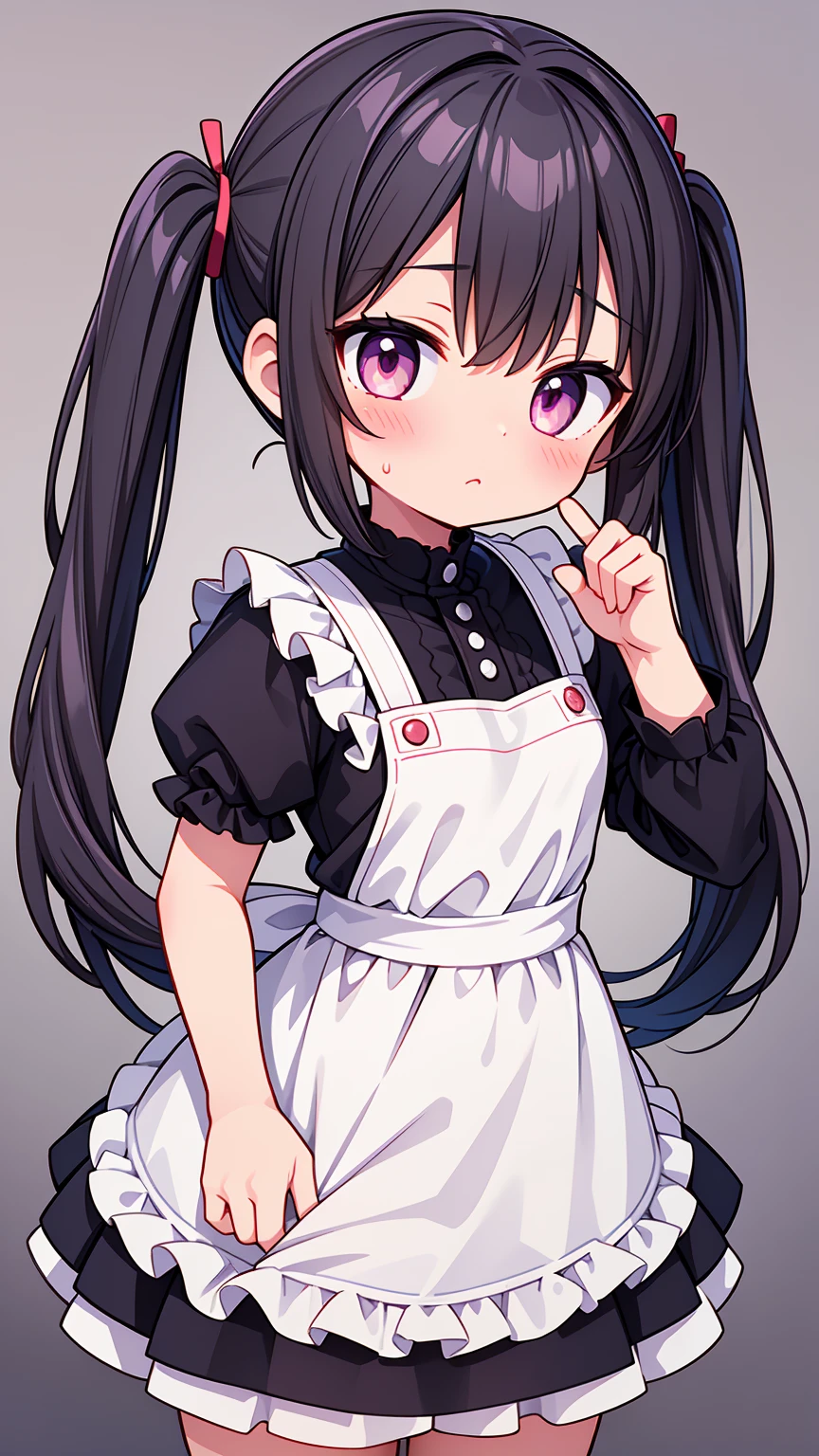 (8K, Highest image quality, highest quality, masterpiece), detailed face, ((loli girl)), (little loli curve) , black hair, short twintails, pink eyes, small breasts, naked apron, cowboy shot, put your hand on your mouth, kitchen background, ((very blushing)), ((detailed hands and fingers)), viewer perspective from below, (very blushing), (very much in love with the viewer)