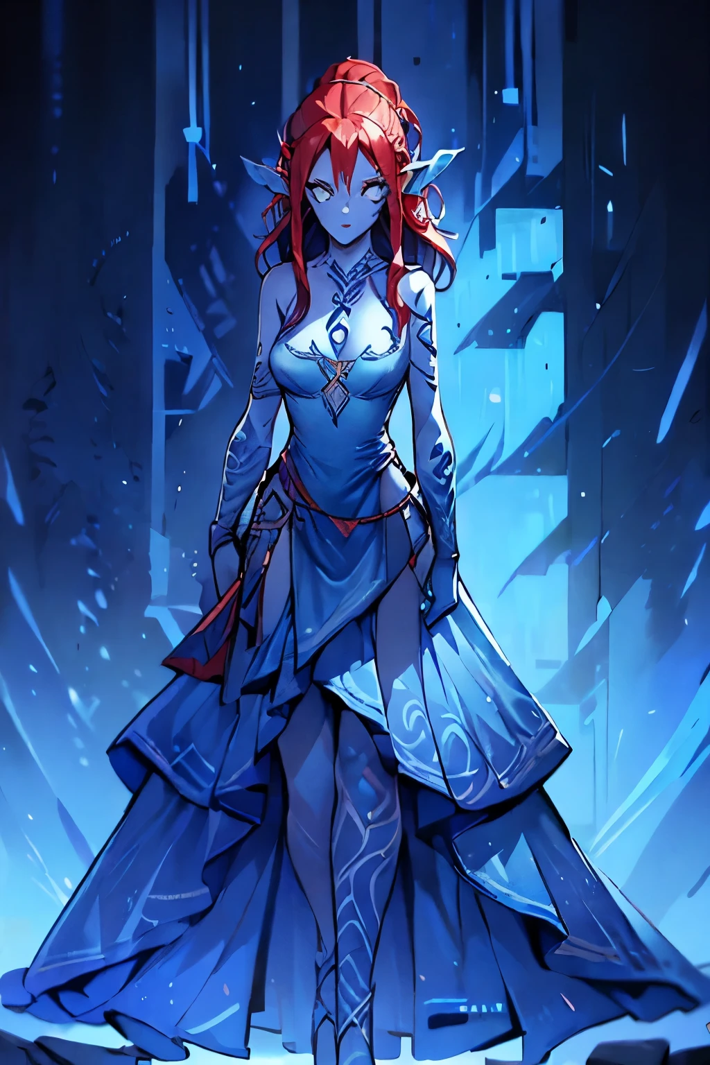 4K high resolution, one female, ((BLUE SKIN)), (((Rune Tattoos))), red hair, ear fins, Atlantean princess dress gown suit, 