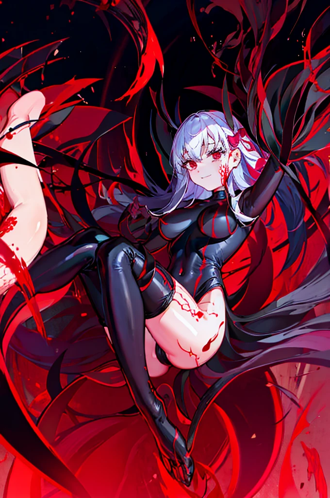 Black full body suit, Red lines all over the body, 3 girl, seductive a smile, succubus, cover,