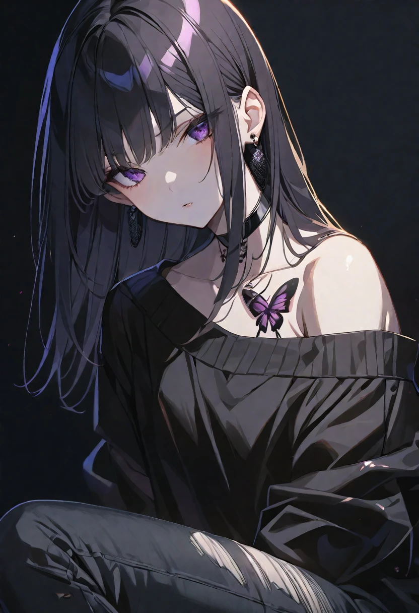 solo, handsome, Glossy feel,
1. Female,
Hime cut,Straight Hair,Bob Hair,
black hair,
Nakano Yotsuba,
purple Eyes,Soft look,beautiful,beautiful,Sexy,Darkness,butterfly Tattoo,Lots of black earrings,choker,
black Off Shoulder,black Distressed jeans,
skin,Black Rose,Alluring,
black background,Black Rose