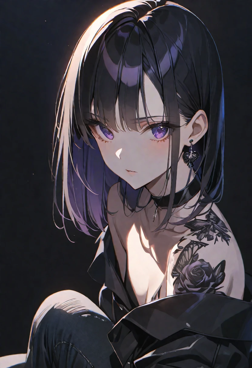 solo, handsome, Glossy feel,
1. Female,
Hime cut,Straight Hair,Bob Hair, 
black hair, 
Nakano Yotsuba,
purple Eyes,Soft look,beautiful,beautiful,Sexy,Darkness,butterfly Tattoo,Lots of black earrings,choker,
black Off Shoulder,black Distressed jeans,
skin,Black Rose,Alluring,
black  background,Black Rose