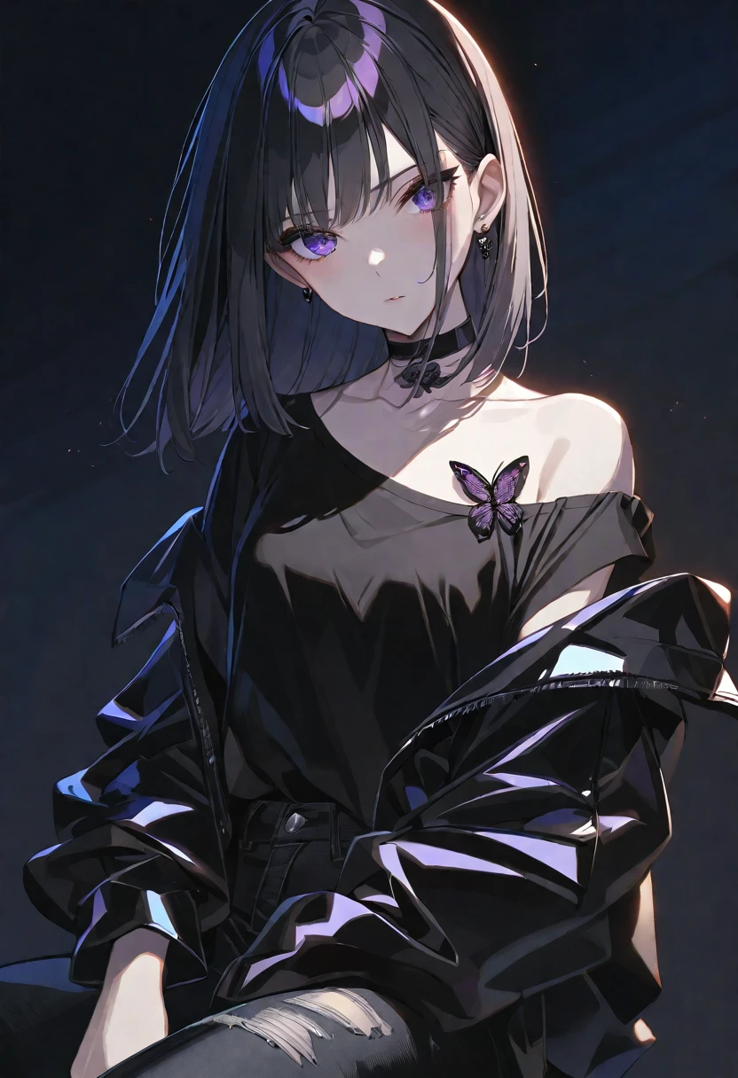 solo, handsome, Glossy feel,
1. Female,
Hime cut,Straight Hair,Bob Hair,
black hair,
Nakano Yotsuba,
purple Eyes,Soft look,beautiful,beautiful,Sexy,Darkness,butterfly Tattoo,Lots of black earrings,choker,
black Off Shoulder,black Distressed jeans,
skin,Black Rose,Alluring,
black background,Black Rose