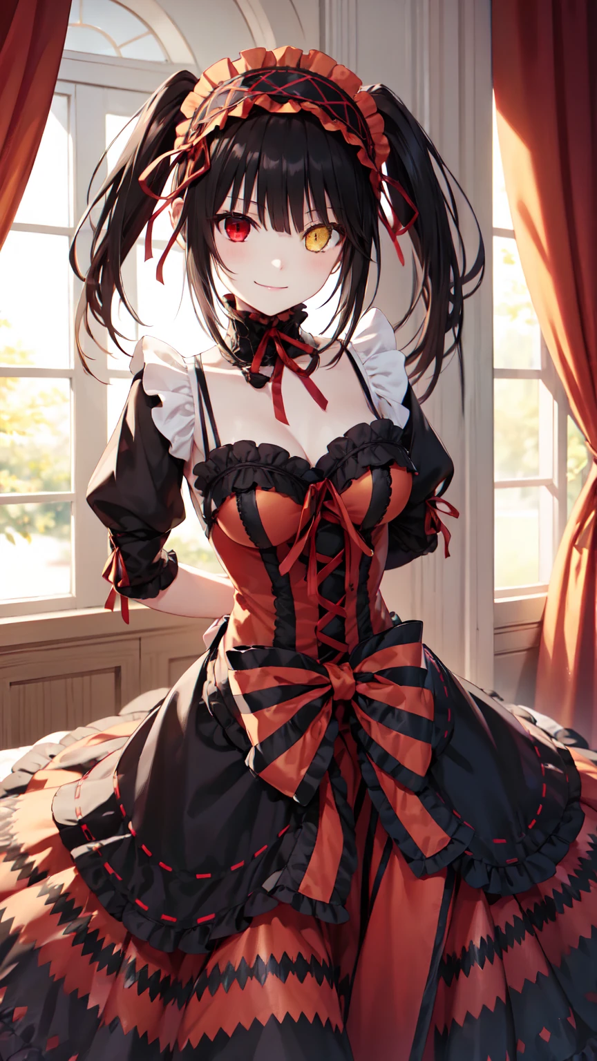 masterpiece, The best quality、street、Put your arms behind your back、Black Hair, Long twin tails bunches, (Yellow eyes:1.2), Heterochromia iridum, (Red Eyes:1.2),Tokisaki Kurumi、Smile,Gothic Lolita Clothing Accessories、victorian maid tiara、Black Ribbon、Shut up、Gothic Lolita Clothing Accessories,she's room,