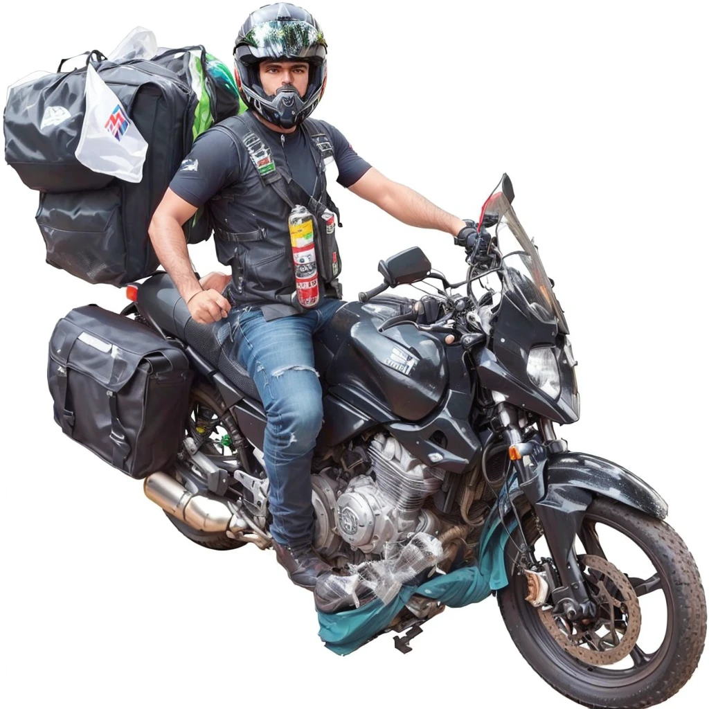 arafed man sentado em uma motocicleta with a large bag on the back, on tour, sem capacete, Estilo mad max do Sri Lanka, motociclista, motormotociclista, andando na estrada, picture of a male motociclista, Dirigindo uma moto, inspirado em Alex Petruk APe, edu souza, 👰 🏇 ❌ 🍃, sentado em uma motocicleta, por Willian Murai