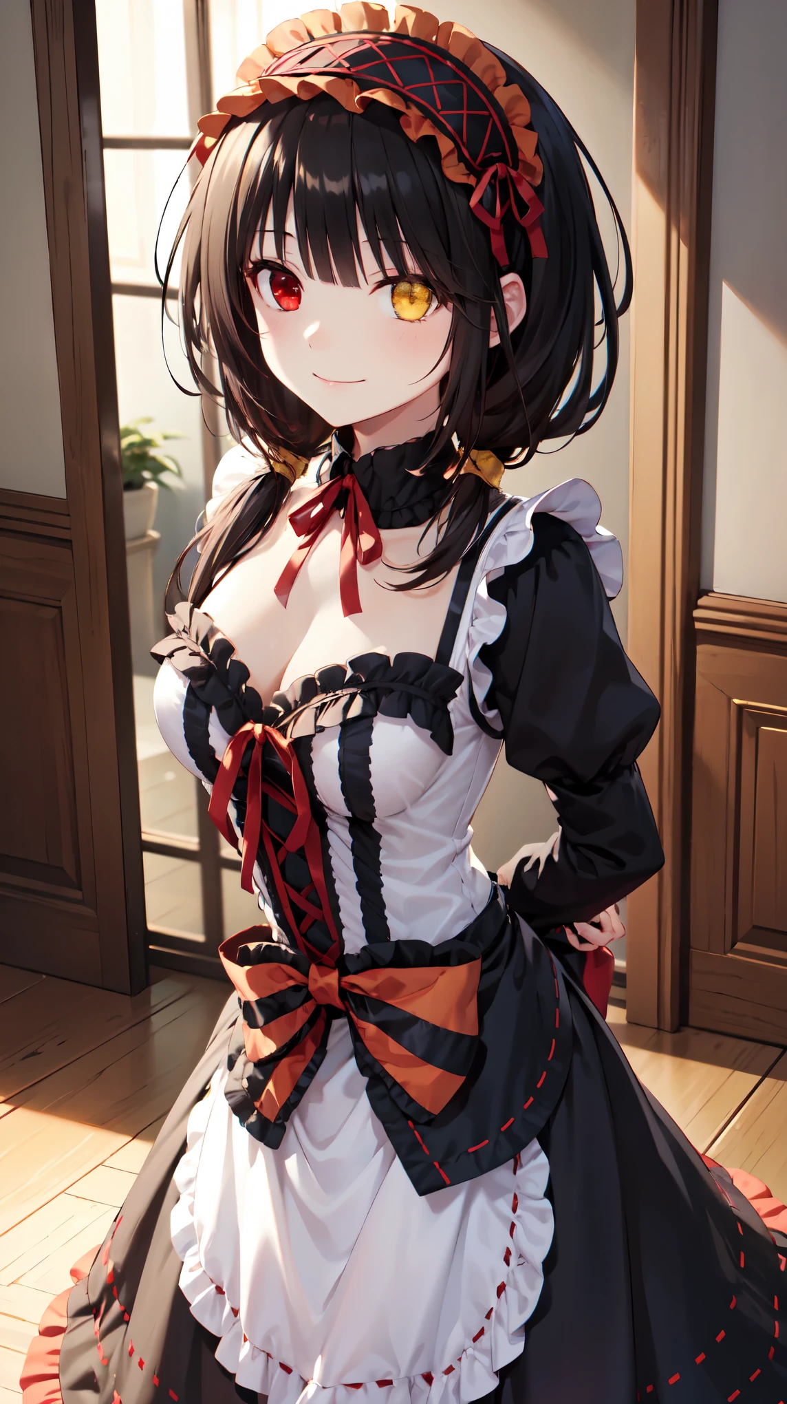 masterpiece, The best quality、street、Put your arms behind your back、Black Hair, Long twin tails bunches, (Yellow eyes:1.2), Heterochromia iridum, (Red Eyes:1.2),Tokisaki Kurumi、Smile,Gothic ta Clothing Accessories、victorian maid tiara、Black Ribbon、Shut up、Gothic Lolilothing Accessories,she's room,