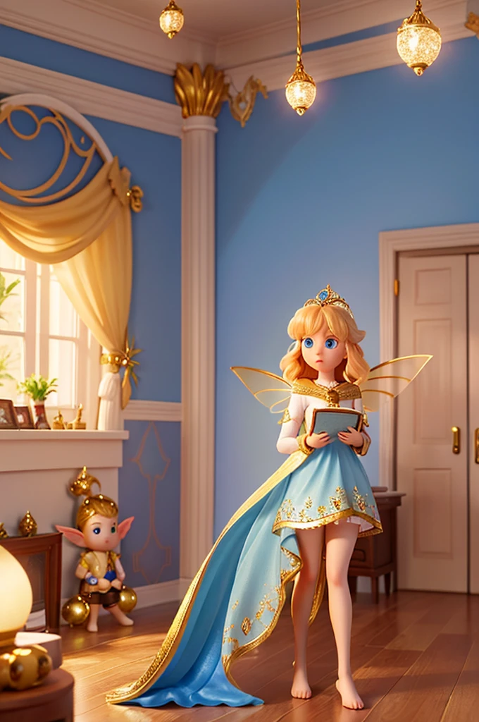 there is a with golden hair with beautiful big blue eyes with white sparkles, she is in her room, holding a book with a golden cover in her hand, she is standing in the fantasy world and ((in front of her is a fairy who talks to her))