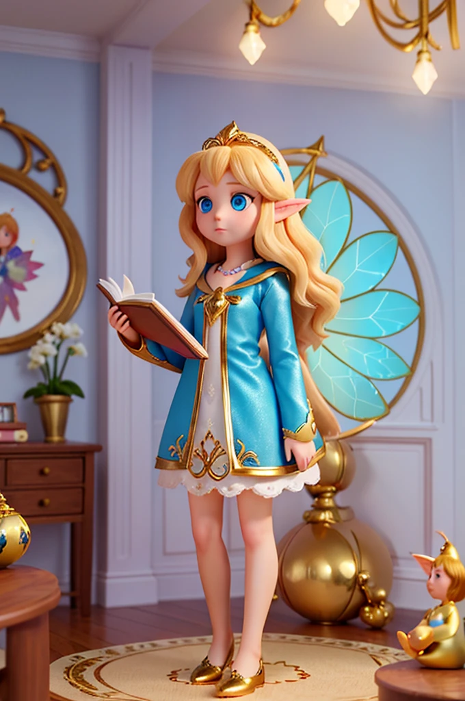 there is a with golden hair with beautiful big blue eyes with white sparkles, she is in her room, holding a book with a golden cover in her hand, she is standing in the fantasy world and ((in front of her is a fairy who talks to her))