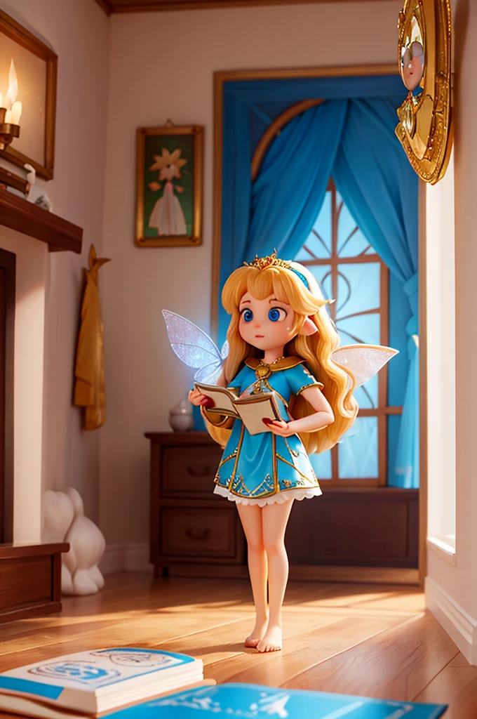 there is a with golden hair with beautiful big blue eyes with white sparkles, she is in her room, holding a book with a golden cover in her hand, she is standing in the fantasy world and ((in front of her is a fairy who talks to her))
