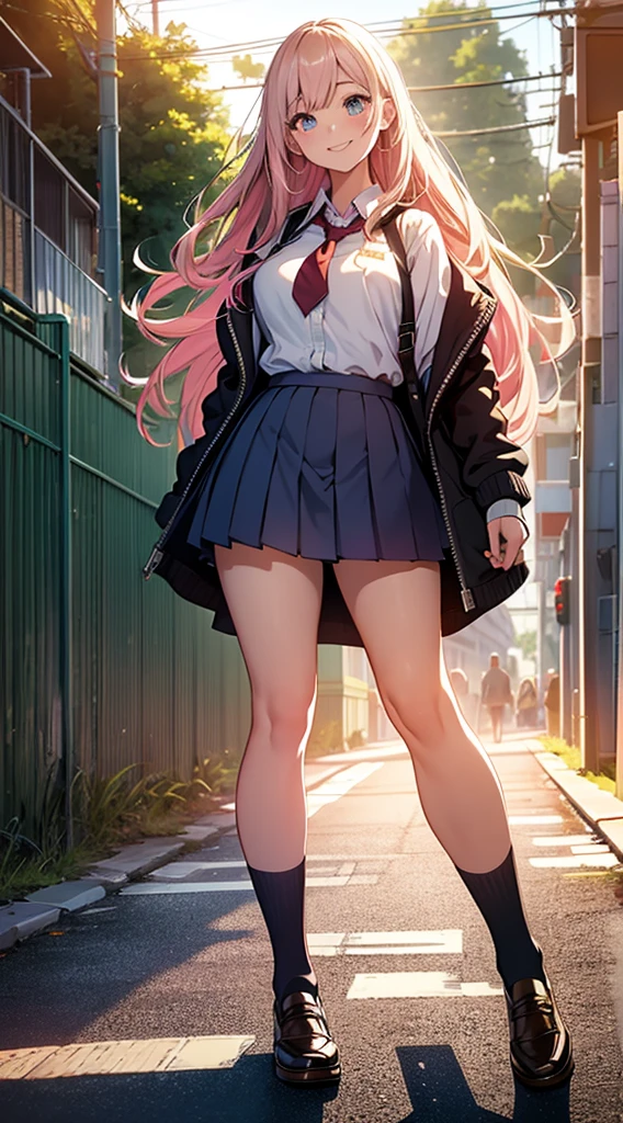 (Highest quality, Realistic), (Portraiture), (Vibrant colors), (Soft lighting), Pleated skirt, White shirt, Knee-high socks, Mary Jane Shoes, Big anime eyes, Rosy Cheeks, long flowing hair, Bright smile, Confident pose, School campus background