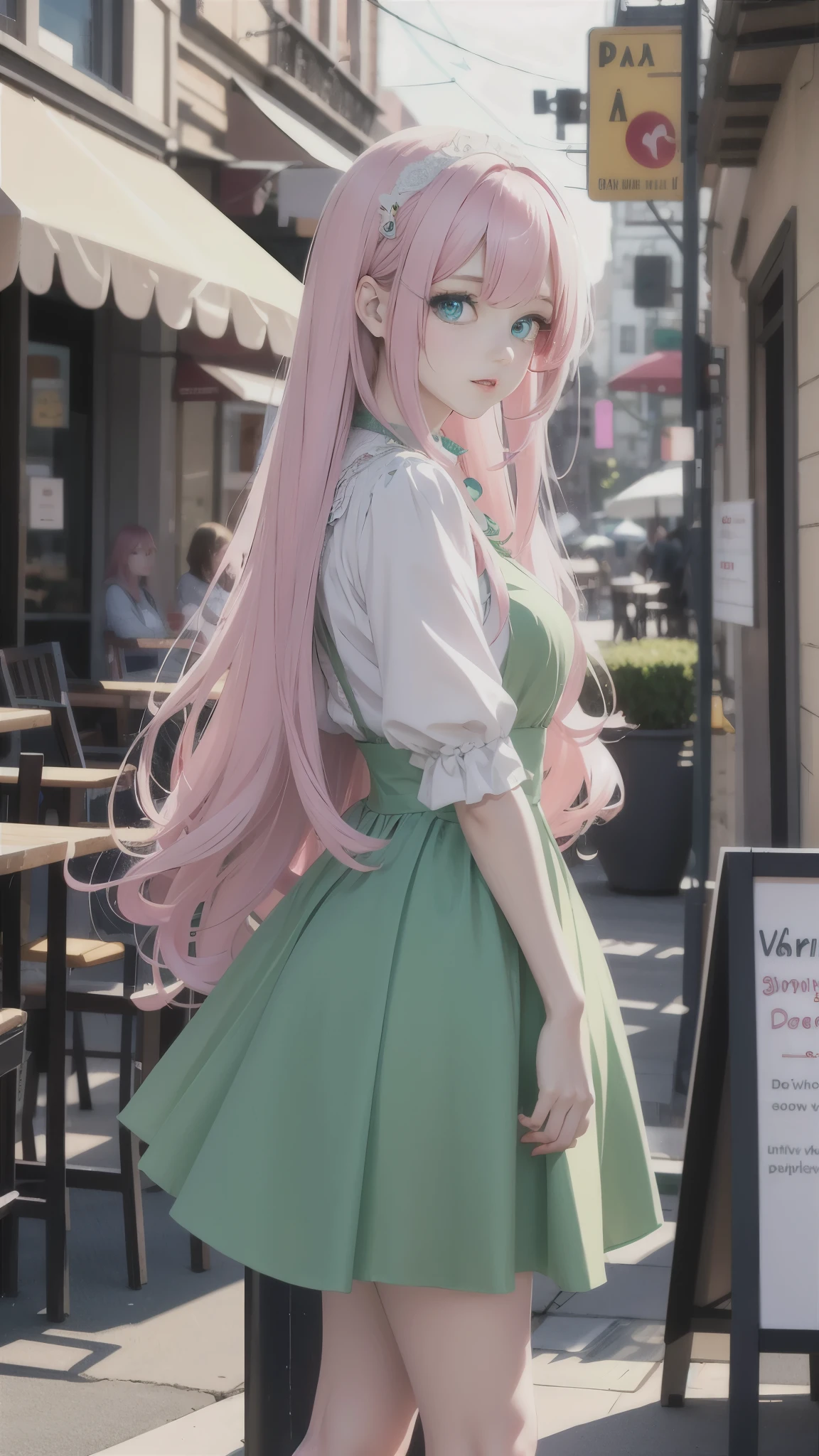 1 girl with long pink hair, blue green eyes, and pale skin. The girl is wearing a coquette fashion style and is standing in front of a cafe.