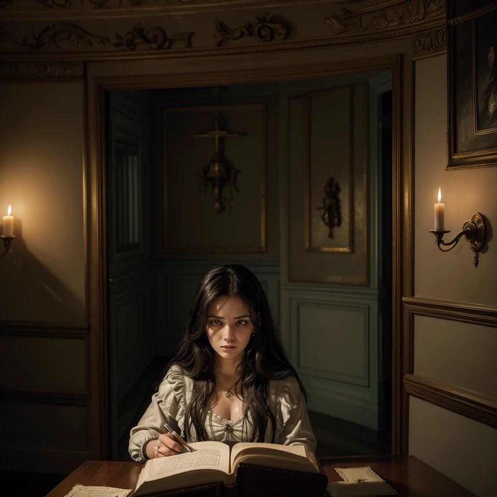 Chapter 9: A Verdade Revelada"Caroline is in the attic, surrounded by trapped spirits from the mansion who try to help her. She is reading an old diary that describes the final ritual to free all souls.. The room is filled with a mystical energy, with voodoo symbols glowing on the walls. Caroline has an expression of determination and renewed hope. The atmosphere is one of mystery and urgency."