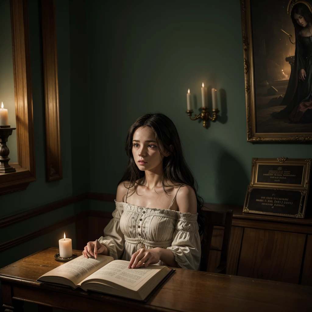 Chapter 9: A Verdade Revelada"Caroline is in the attic, surrounded by trapped spirits from the mansion who try to help her. She is reading an old diary that describes the final ritual to free all souls.. The room is filled with a mystical energy, with voodoo symbols glowing on the walls. Caroline has an expression of determination and renewed hope. The atmosphere is one of mystery and urgency."