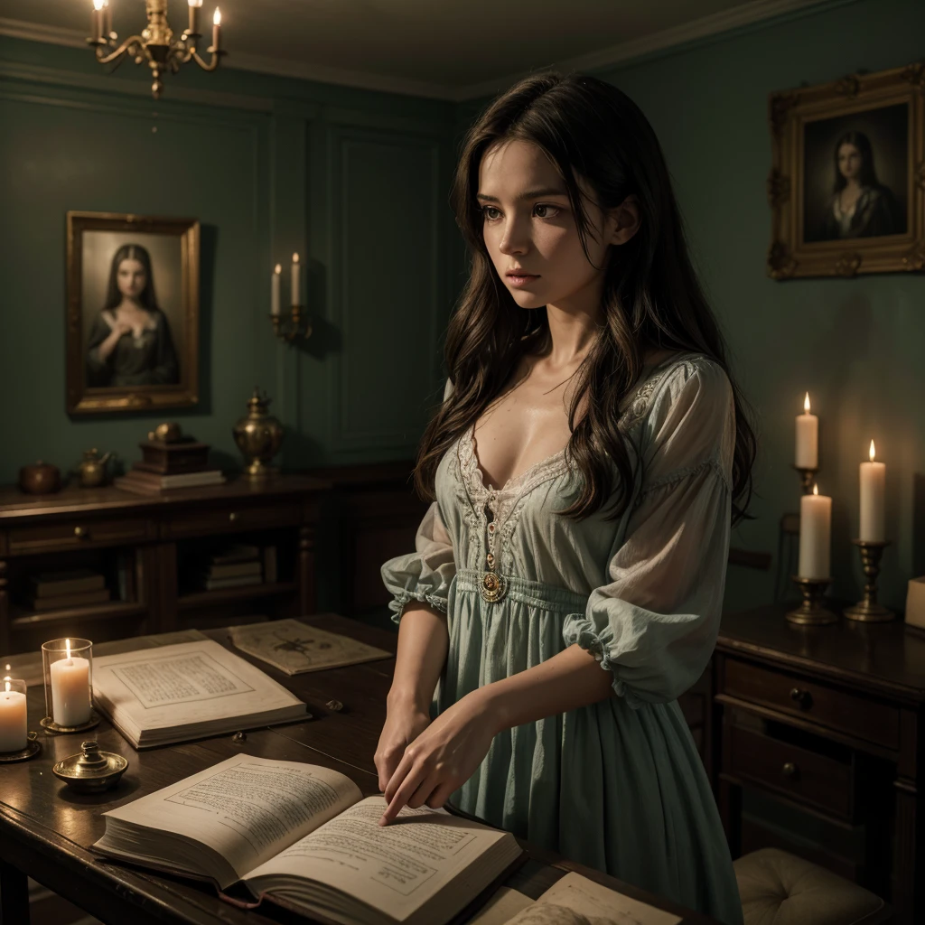 Chapter 9: A Verdade Revelada"Caroline is in the attic, surrounded by trapped spirits from the mansion who try to help her. She is reading an old diary that describes the final ritual to free all souls.. The room is filled with a mystical energy, with voodoo symbols glowing on the walls. Caroline has an expression of determination and renewed hope. The atmosphere is one of mystery and urgency."