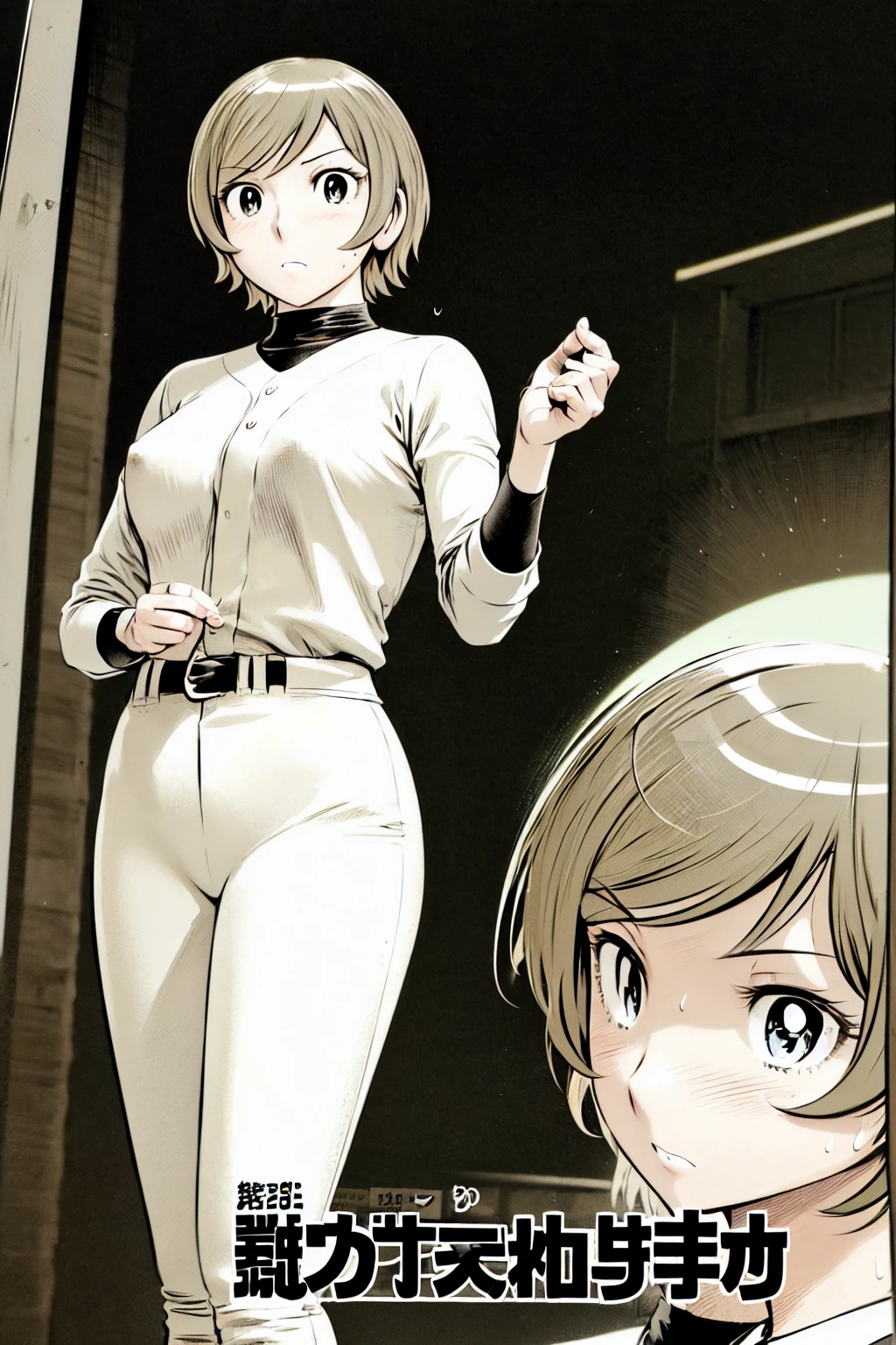 (野球uniform:1.2),
Blonde Hair, (short hair:1.2),Long sleeve, Black Shirt, turtleneck,White trousers、uniform、Black belt、((Illustration of people))、Big 、
View Audience,, (Highest quality:1.3),One Girl, White pants、uniform、Outdoor、baseball ground、ground、soil、blue eyes、Tight black shirt、(masterpiece、Highest quality)、Highest quality, Ultra-high resolution, (((masterpiece))), alone, Sweat、Big eyes、Big Breasts、One Girl, Front view、Embarrassed face、Bronze colored hair、((short hair))、Stand up straight