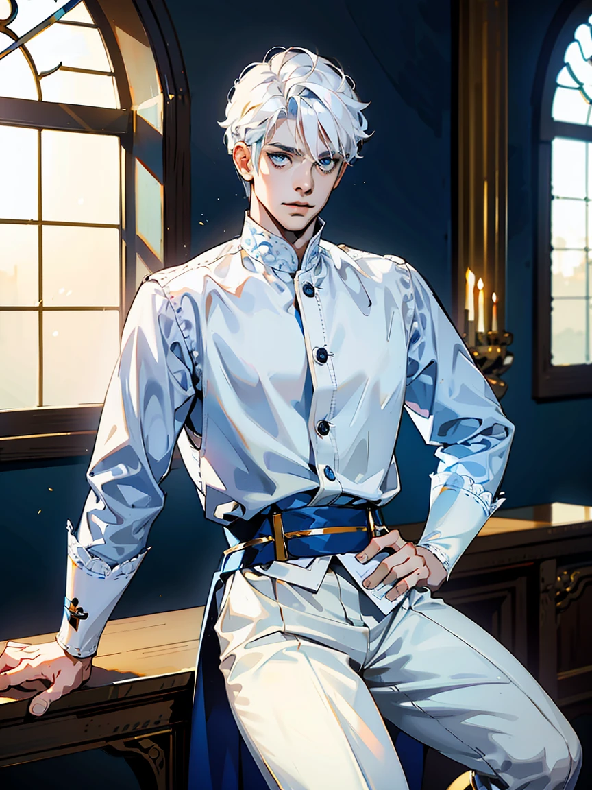 1boy, 25 years old, young, man, white hair, blue eyes, belle pose d&#39;anime, cheveux blancs, hades style, hades game, Jen zee style, greek themed image, hypnos, tartarus scenery, fumes, greek columns in background, lots of columns, greek architecture, boss, formal business outfit, white outfit, arrogant look, white themed image, mainly white furniture, orange touches of color