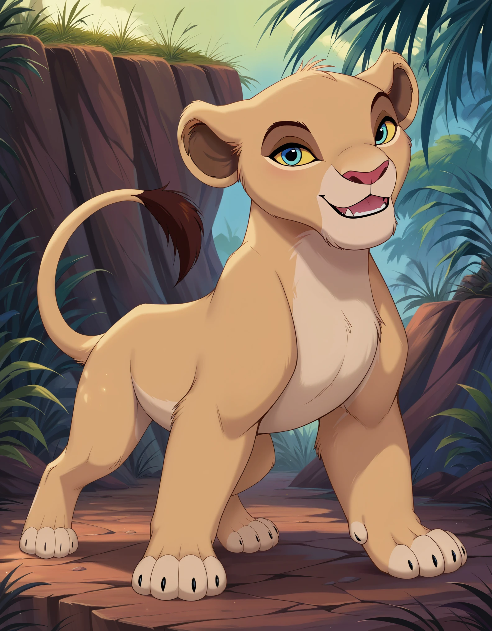 score_9, score_8_up, score_7_up, score_6_up, rating_safe, source_furry, disney, (the lion king:1.2), lioness, (young nala), standing, solo, cute, feral, (4 toes), paws, blue eyes, (lidded eyes:1.0), cub, (smile:0.3), open mouth, fang, white teeth, playful, looking at viewer, (dewclaw:0.5)