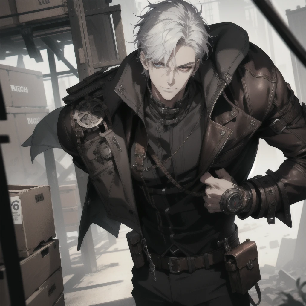 (absurdres, highres, ultra detailed), 1 male, adult, handsome, tall muscular guy, broad shoulders, white hair, finely detailed eyes, portrait, looking at viewer, solo, half shot, detailed background, detailed face, (steampunk industrial), smirk, renegade, rugged dark leather clothes, small leather pouch, high fantasy medieval setting, smuggler hideout background, stealth, undercover, (crates in background), shadows, fog, (dutch angle), closed mouth