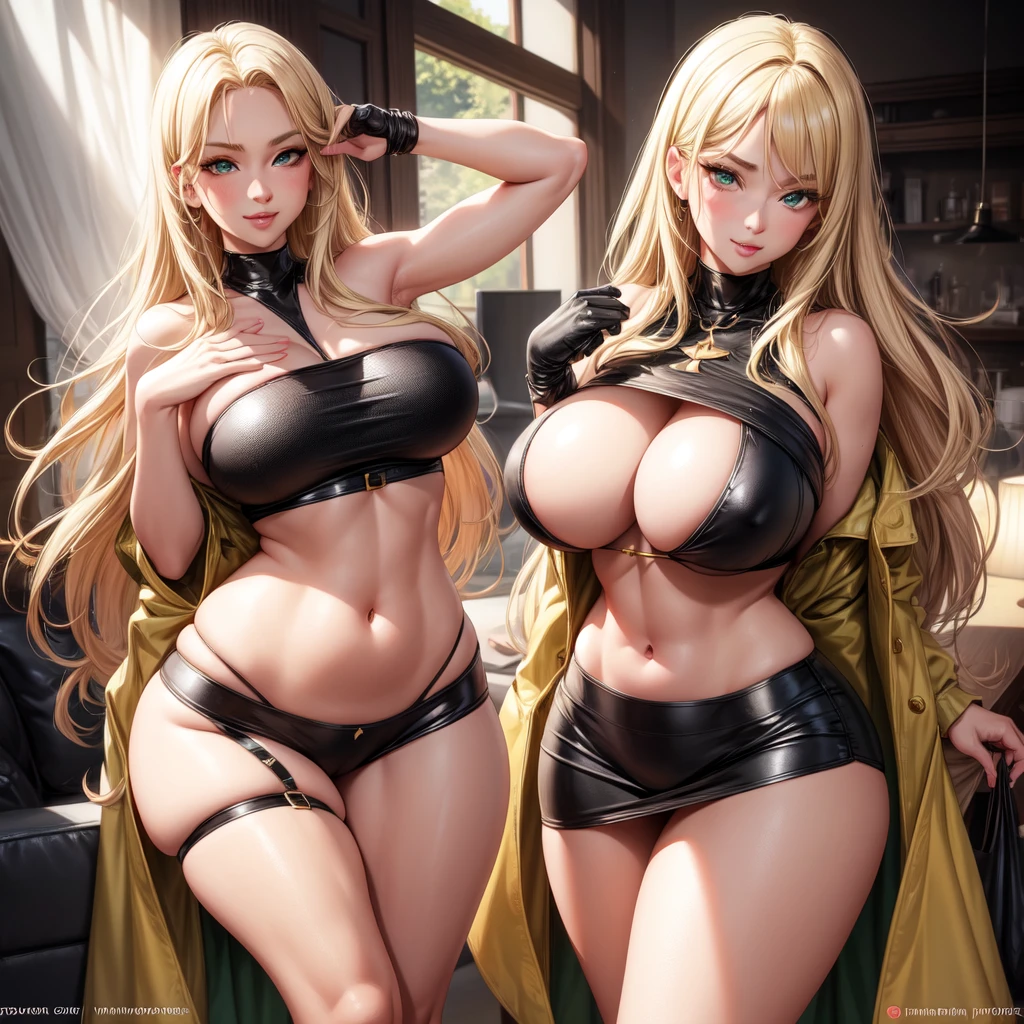 Blonde, Big round breasts, trendy, stylish, clevage, thighs, hips, realistic, blonde hair, light green eyes, lip gloss, detailed face, amazing big eyes, eye details, big lips, eyebrow details, black bikini, blush, confident, dominant, bdsm, smirk, naughty, mischevious face, HD, good quality, curvy, standing up, living room, thick thighs, attractive, amazing body, perfect body