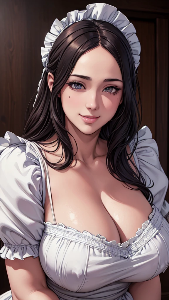 NFSW, Beautiful detailed portrait of a girl with big eyes, Fuller lips, Smiling Kindly, Long eyelashes, Show off your, Large areola, Erect thick and large nipples, Upper body naked, Take off upper body, milk squirting, Milk squirting, milking, Feeding Bottle、Wearing a frilly maid outfit of random colors, tihn fabric clothing, (highest quality,4K,8k,High resolution,masterpiece:1.2),Super detailed,(Realistic,photoRealistic,photo-Realistic:1.37),Highly detailed face, Medium Hair, Intricate details, Vibrant colors, Dramatic lighting, Structure of the film, Anime-inspired art style, Many moles on chest