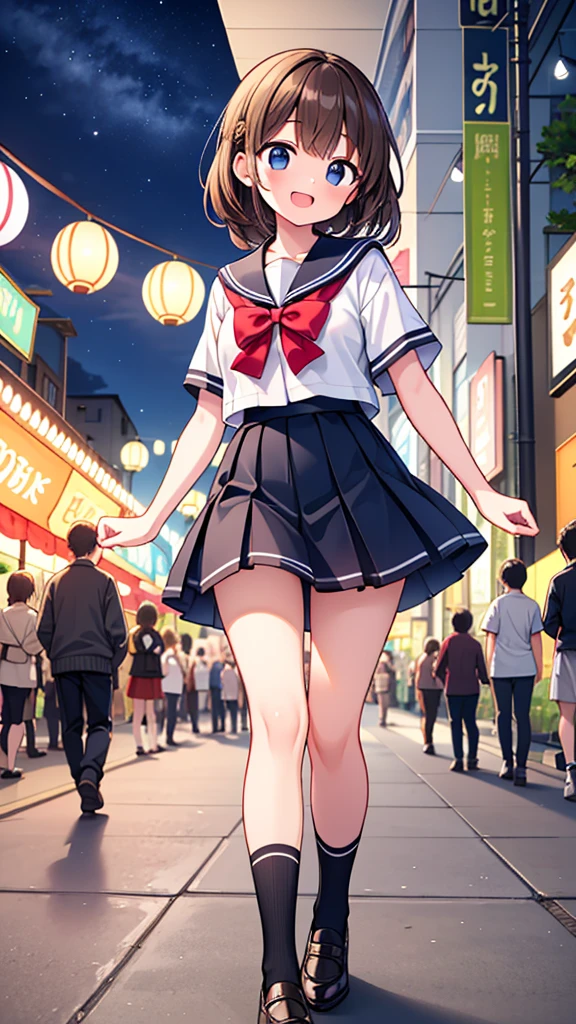 {Highest quality], [so beautiful], [Ultra-fine], [Best illustrations], Browsing Caution,Brown Hair,Hime cut,Braiding,clear,With bangs, girl,Sailor suit,knit cardigan,Short sleeve,skirt,Slender women,walk,(public),Night Park,Summer festival,diagonal,Black high socks,Black bread,Between the hatred,laugh at