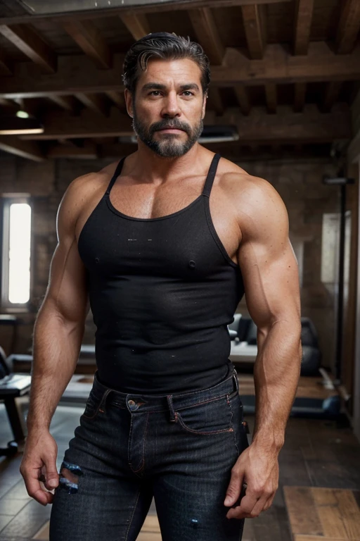 handsome mature man in his 50s,white man with a tanned complexion,(well-defined pecs and arm muscles),full body, facial hair styled into a neatly groomed beard,(intelligent and alluring eyes),a captivating, symmetric face with strong and defined facial features,a confident smirk on his lips,giving off an air of wisdom and rugged charm,beefy build that emanates strength and vitality. ((Full body)), (((shirtless))) (((black jeans))) (((manly)))