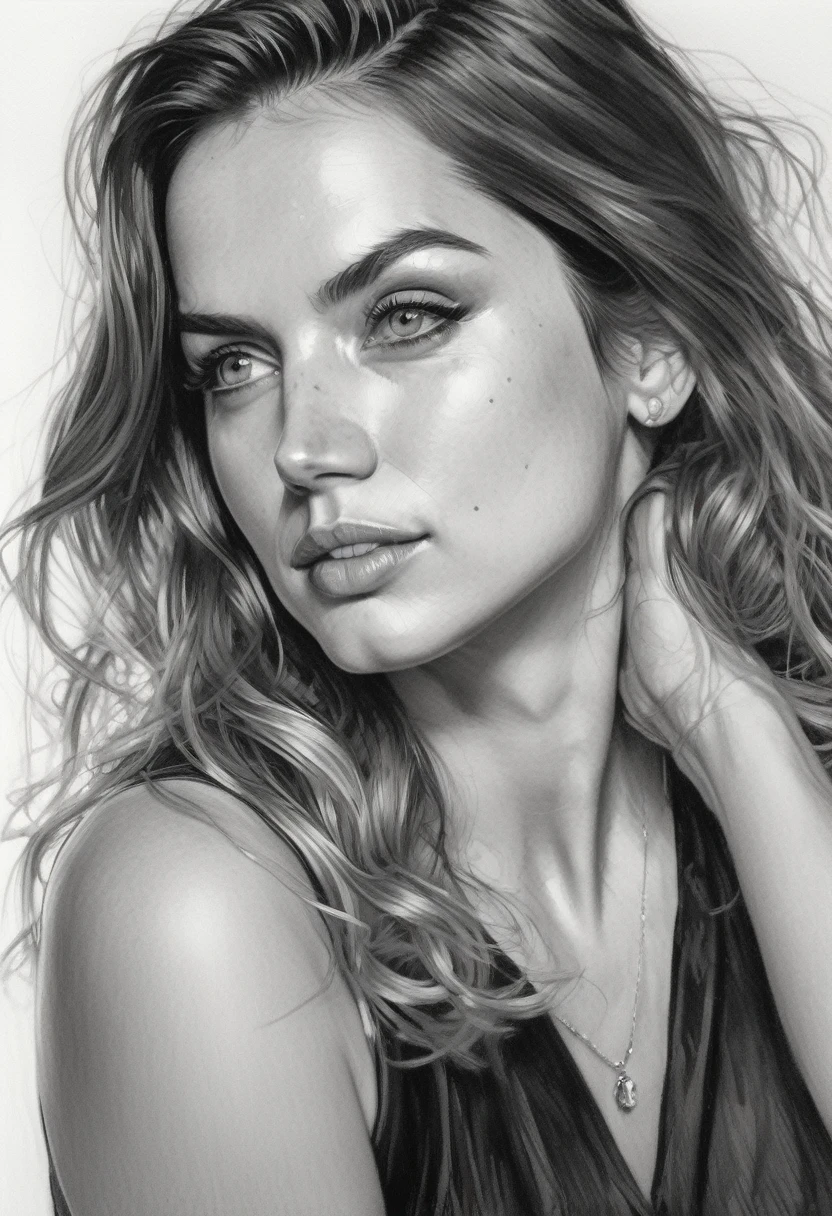 stunning black and white graphite sketch of a beautiful ohwx woman, (by Alyssa Monks:1.1), by Joseph Lorusso, by Lilia Alvarado, beautiful lighting, sharp focus, 8k, high res, (pores:0.1), (sweaty:0.8), Masterpiece, Nikon Z9, Award - winning photograph 