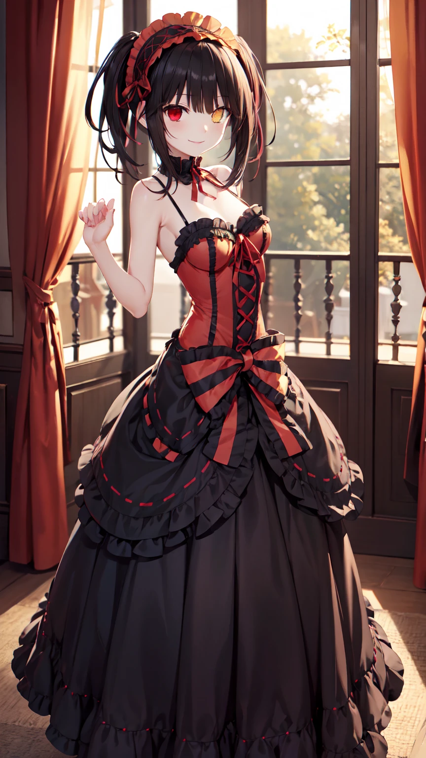 masterpiece, The best quality、street、Put your arms behind your back、Black Hair, Long twin tails bunches, (Yellow eyes:1.2), Heterochromia iridum, (Red Eyes:1.2),Tokisaki Kurumi、Smile,Gothic Lolita Clothing Accessories、victorian maid tiara、Black Ribbon、Shut up、Gothic Lolita Clothing Accessories,she's room,
