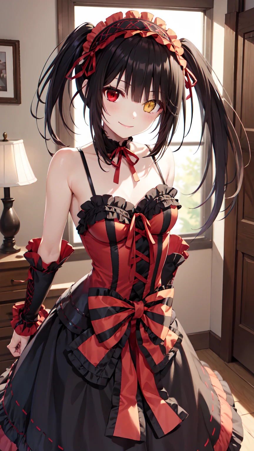 masterpiece, The best quality、street、Put your arms behind your back、Black Hair, Long twin tails bunches, (Yellow eyes:1.2), Heterochromia iridum, (Red Eyes:1.2),Tokisaki Kurumi、Smile,Gothic Lolita Clothing Accessories、victorian maid tiara、Black Ribbon、Shut up、Gothic Lolita Clothing Accessories,she's room,