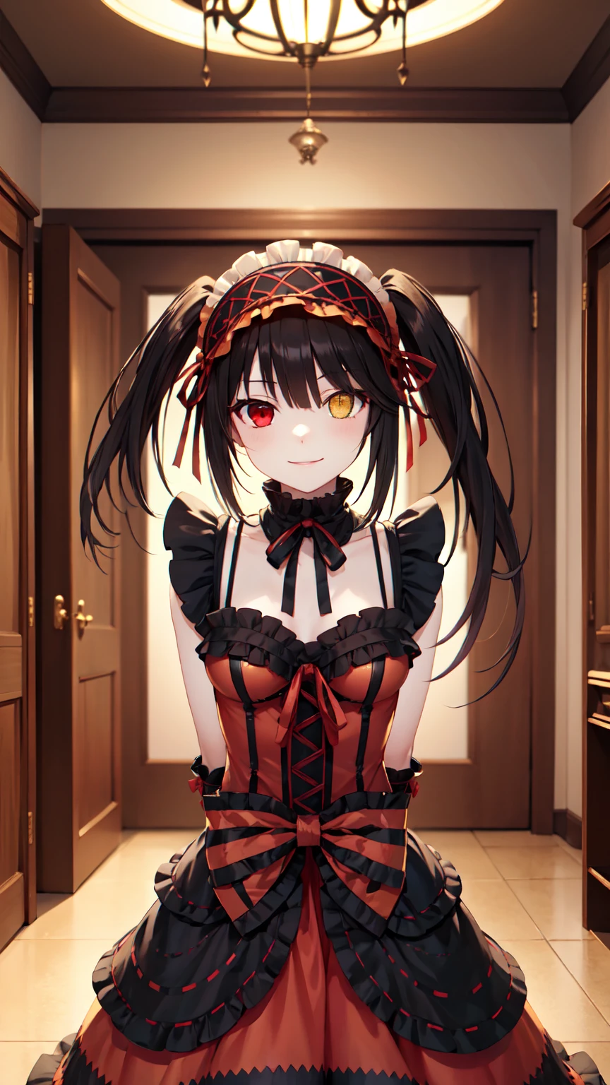 masterpiece, The best quality、street、Put your arms behind your back、Black Hair, Long twin tails bunches, (Yellow eyes:1.2), Heterochromia iridum, (Red Eyes:1.2),Tokisaki Kurumi、Smile,Gothic ta Clothing Accessories、victorian maid tiara、Black Ribbon、Shut up、Gothic Lolilothing Accessories,she's room,