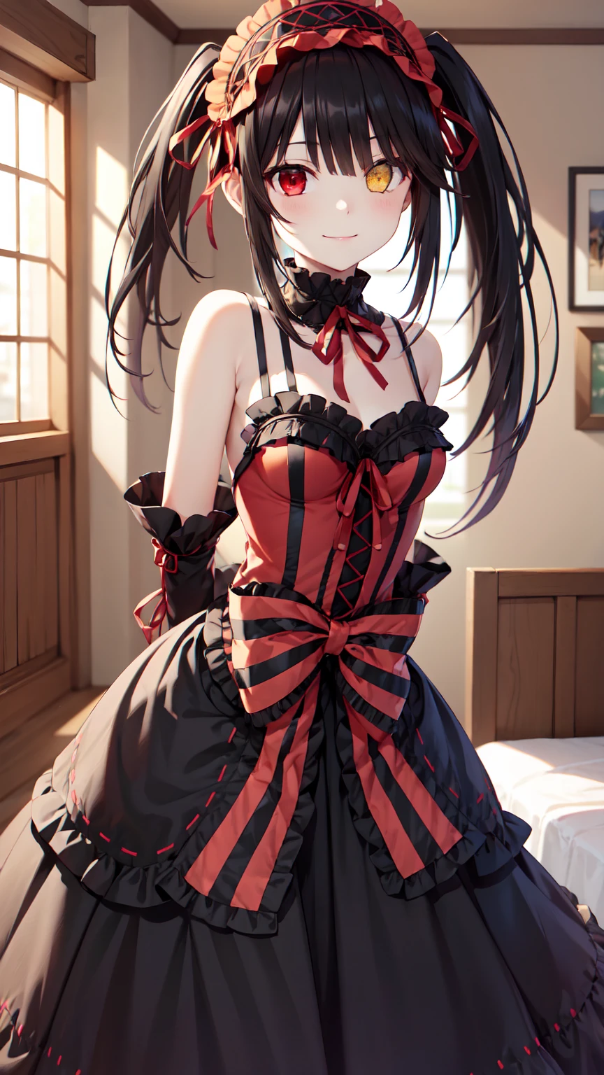 masterpiece, The best quality、street、Put your arms behind your back、Black Hair, Long twin tails bunches, (Yellow eyes:1.2), Heterochromia iridum, (Red Eyes:1.2),Tokisaki Kurumi、Smile,Gothic Lolita Clothing Accessories、victorian maid tiara、Black Ribbon、Shut up、Gothic Lolita Clothing Accessories,she's room,
