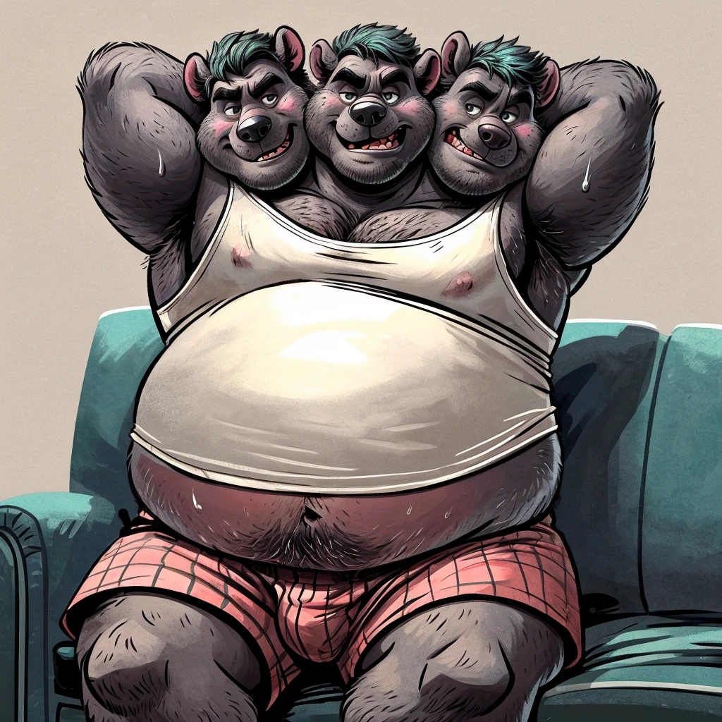 solo, skunk, four identical heads on one body, ears, tail, masculine, necks, pixar eyes, adult, male, 50 years old, by dramamine, (ugly, fat, dadbod, chubby, big belly, sweaty, black and white fur, solid gray background, (white sleeveless shirt, boxers), correct hands, correct anatomy, (ultradetailed, best quality, detailed masterpiece, highly detailed masterpiece, 4k, professional cartoon), (natural pose, sitting on couch, hands behind head, nuanced expressions)