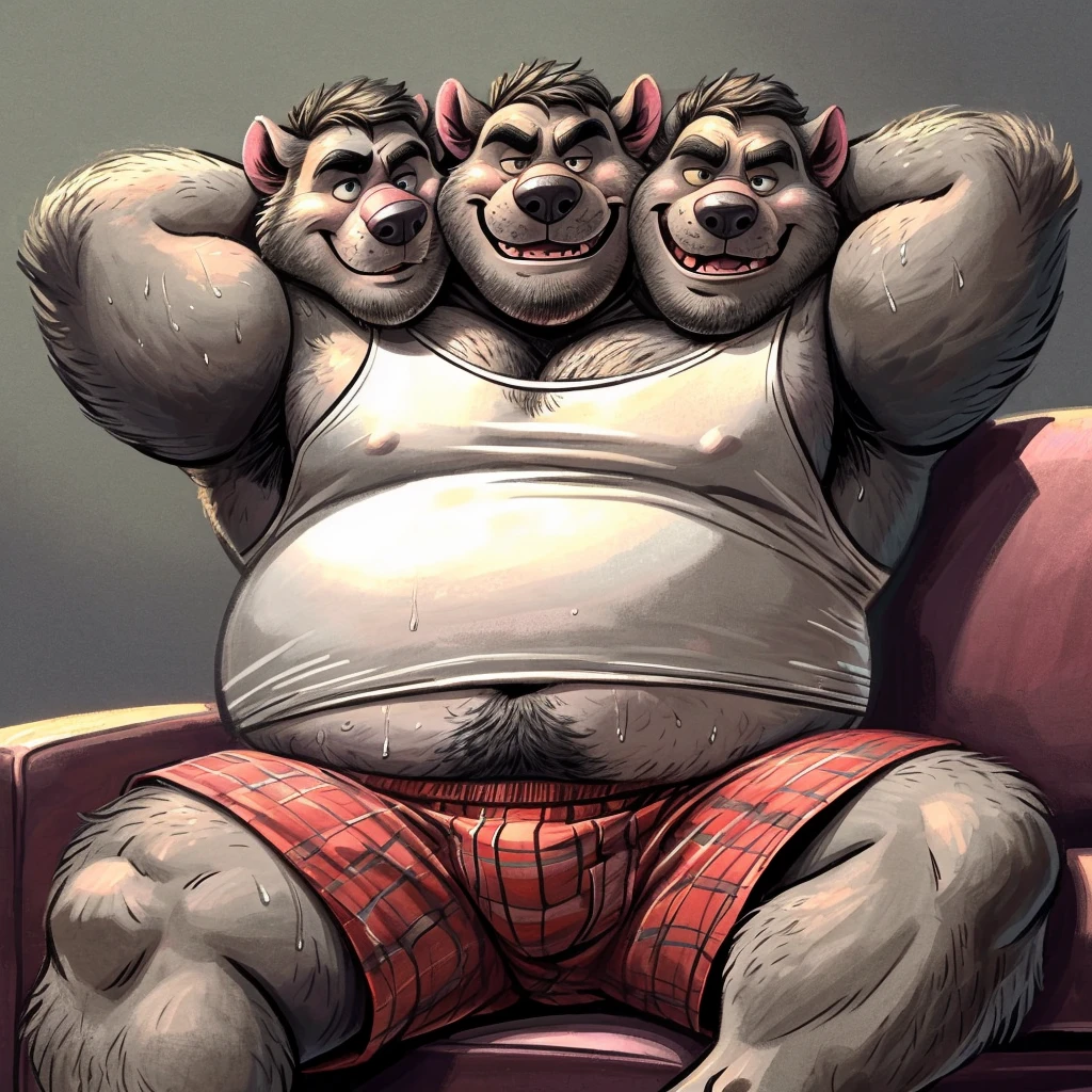 solo, skunk, four identical heads on one body, ears, tail, masculine, necks, pixar eyes, adult, male, 50 years old, by dramamine, (ugly, fat, dadbod, chubby, big belly, sweaty, black and white fur, solid gray background, (white sleeveless shirt, boxers), correct hands, correct anatomy, (ultradetailed, best quality, detailed masterpiece, highly detailed masterpiece, 4k, professional cartoon), (natural pose, sitting on couch, hands behind head, nuanced expressions)
