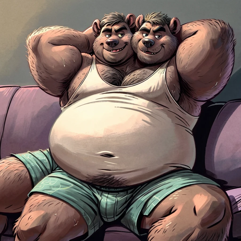 solo, skunk, four identical heads on one body, ears, tail, masculine, necks, pixar eyes, adult, male, 50 years old, by dramamine, (ugly, fat, dadbod, chubby, big belly, sweaty, black and white fur, solid gray background, (white sleeveless shirt, boxers), correct hands, correct anatomy, (ultradetailed, best quality, detailed masterpiece, highly detailed masterpiece, 4k, professional cartoon), (natural pose, sitting on couch, hands behind head, nuanced expressions)