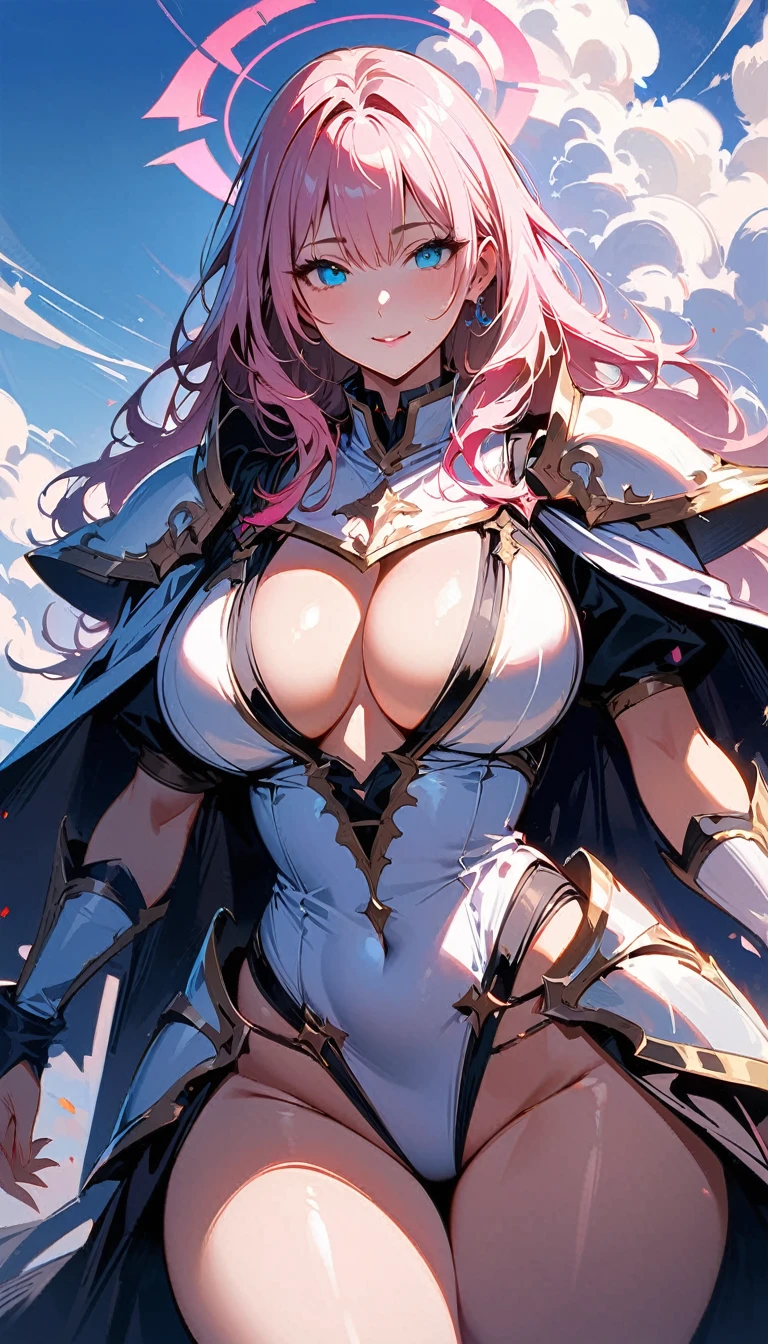 (high quality, 8k, 4K, high contrast, artwork:1.2, high quality, best aesthetics), (dynamic angle), ((1 woman)), erotic, sensual, mature body, super detailed, beautiful face detailed, beautiful eyes detailed, detailed beautiful mouth, sexy body, perfect breats, perfect wide thighs, light pink hair, long light pink hair, wavy light pink hair, blue eyes, white medieval armor with sexy pink details, cleavage, shoulder pads, long white cape, exposed thighs, exposed belly, pink angel halo, smiling, calm facial expression, standing erect, looking at the viewer, centered, above the clouds, clear sky.
